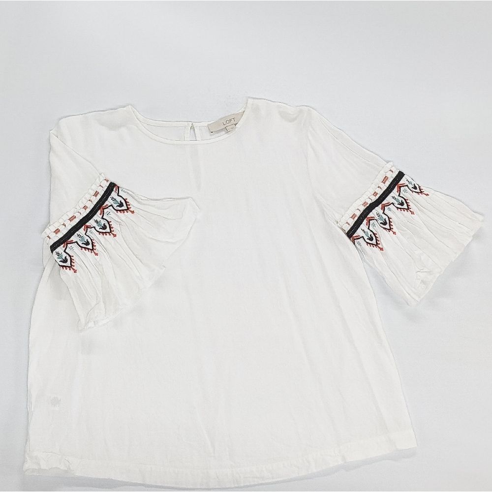 LOFT White Top with Embroidered Bell Sleeves | Ladies Size Small
